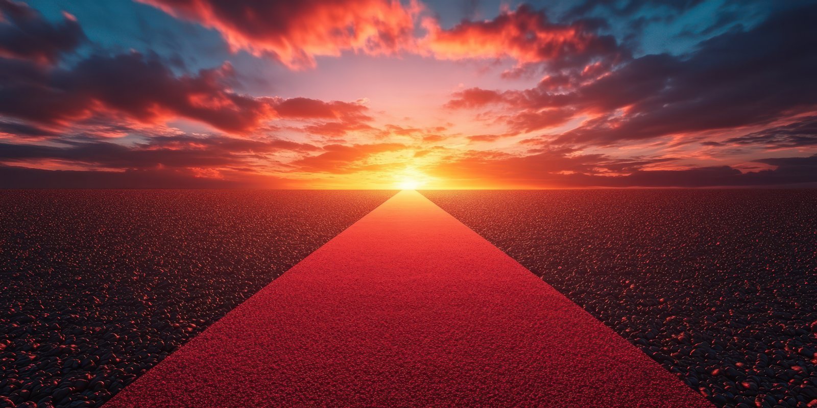 Vibrant sunset illuminating a red pathway stretching towards the horizon over a dark landscape